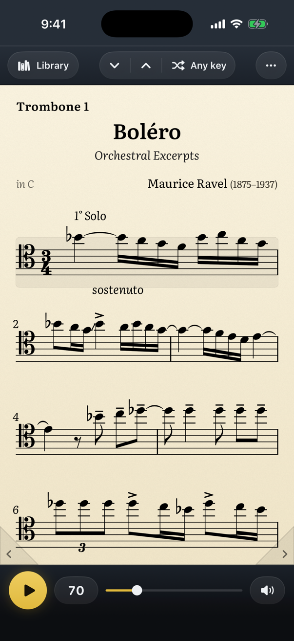 Practice Farm on iPhone: the Trombone 1 solo from Ravel's Boléro, engraved in tenor clef, with the play button and tempo below