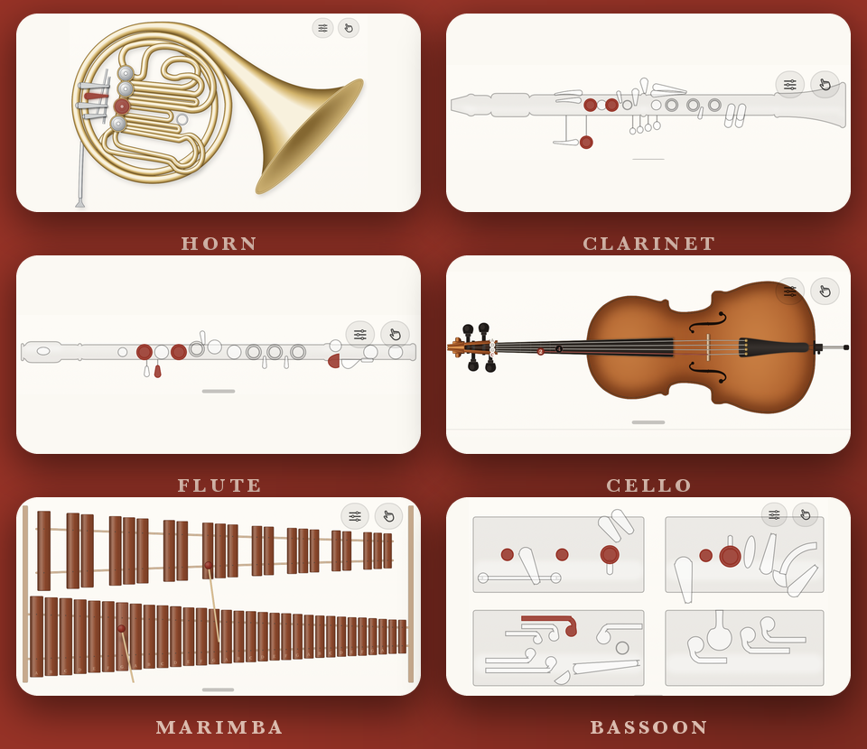 Six instrument panels from Practice Farm: horn, clarinet, flute, cello, marimba and bassoon, each drawn as itself, with the keys, valves or strings in use marked in red